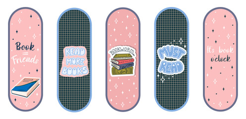 Cute Bookmarks. Set of paper bookmark templates for book lovers. Vertical postcards. Vector..