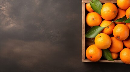 Top view of a wooden box with fresh oranges on a stone table ready for consumption