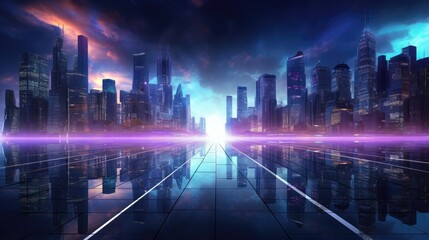 Post apocalyptic glowing neon lines in a virtual cityscape under a night sky