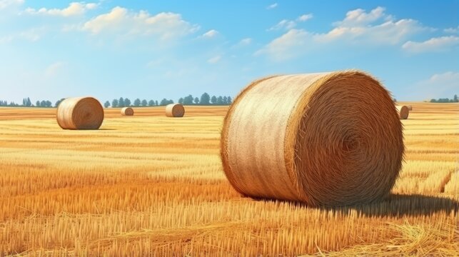 Round straw bales dot the field harvested from cereal plants in an agricultural setting