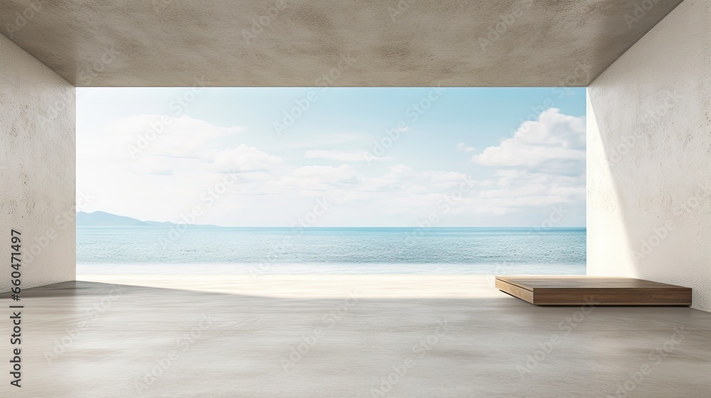 Poster minimalist 3d visualization of contemporary showroom with ocean view empty floor concrete wall backd