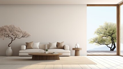 Minimal modern white living room with blank wall brown furniture open sliding door with nature view - obrazy, fototapety, plakaty