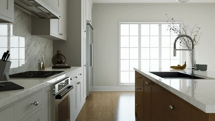 Traditional American kitchen with wooden island and kitchen appliances. 
