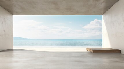 Minimalist 3D visualization of contemporary showroom with ocean view Empty floor concrete wall backdrop
