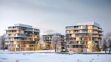 Winter weathered luxury residential condominiums in green urban area