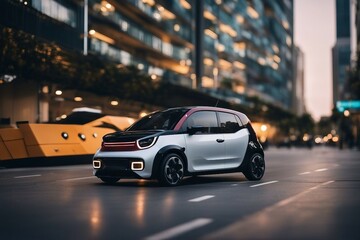 mini mobility,mini car, small car, small black car parked on the side of a street, ultra modern concept of a small city car, 