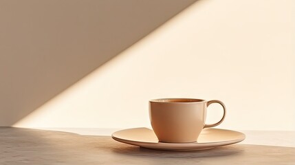 Morning concept with coffee cup on plate beige table and empty white wall in background copy space