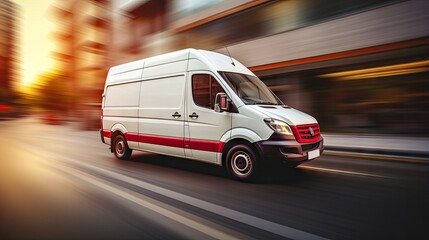 Speedy delivery urban street van with blurred bokeh backdrop - obrazy, fototapety, plakaty