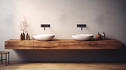 Fototapeta na wymiar Simple bathroom with dual sinks and wooden counter
