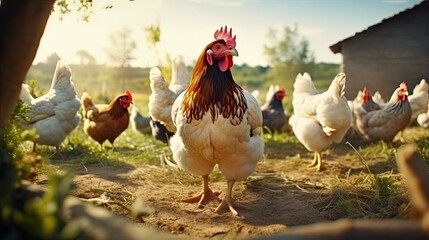 Fototapeta premium Organic farming with chickens and livestock free range birds in fields for eggs and protein