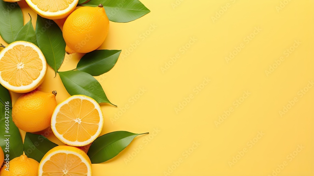 Aufkleber Minimal concept summer composition with citrus fruit and green leaves on a pastel yellow background Flat lay top view copy space