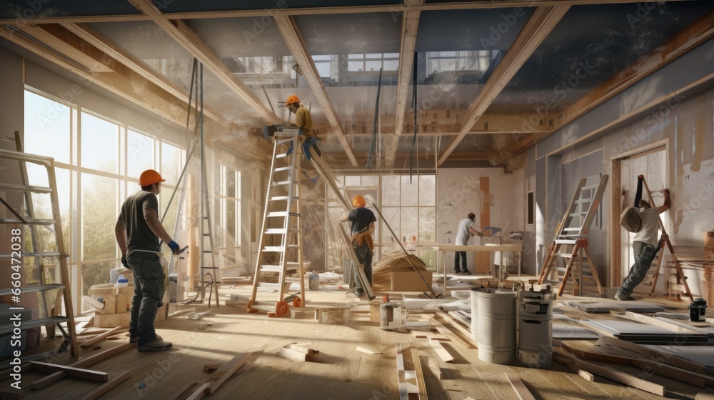Poster workers are fitting ceiling from wooden platform in apartment being worked on