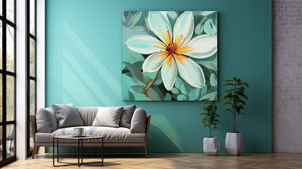 a living room with a couch and a painting on the wall.   Acrylic Painting of a Green color flower, Perfect for Wall Art.