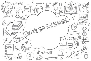 Hand drawn school supplies. Back to School concept. School object collection, doodle . Sketch icon set. Templates for ads, branding, banner. Vector illustration