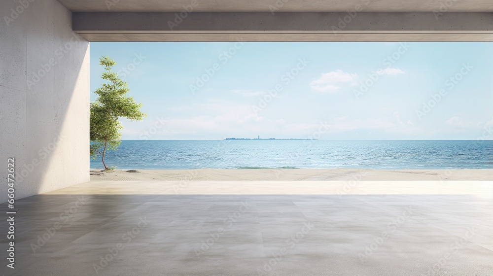 Poster minimalist 3d visualization of contemporary showroom with ocean view empty floor concrete wall backd