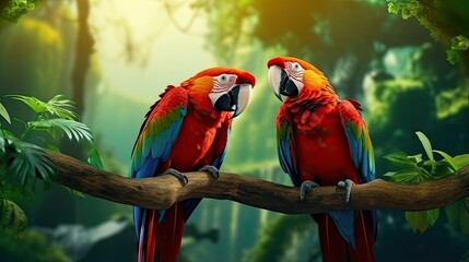 Two stunning Scarlet Macaws perched on a Brazilian branch showcasing their love for each other in the lush tropical forest - obrazy, fototapety, plakaty