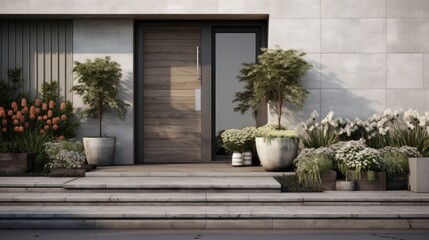 Fototapeta na wymiar Modern house exterior with gray door and potted flowers