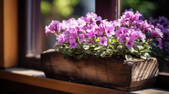 Selective focus high quality photo of flowers in wooden window decor