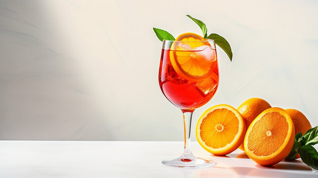 
Cocktail alcoólico Aperol Spritz em copo com rodelas de laranja, fundo branco