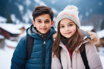 little siblings or friends in warm wear, enjoying holidays.