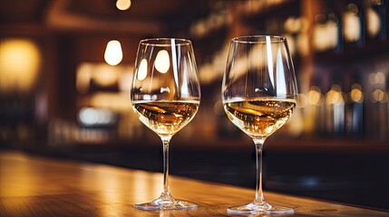 White wine glasses on bar shallow depth toned photo