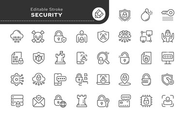 Security, safety and security. Shield, locking padlock, password and safe key. Data protection, smart home and cyber security. Authentication by fingerprints, retina and face. Line icon set. Web icons