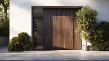 Wooden door leading to contemporary home exterior in the background