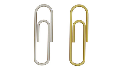 Silver and gold paper clips isolated on transparent and white background. Office concept. 3D render