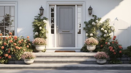Modern house exterior with gray door and potted flowers