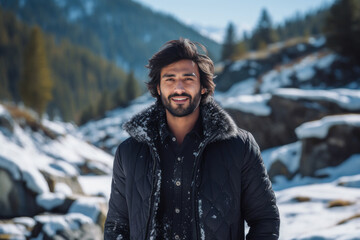 Young man enjoying vacations at cold mountain.