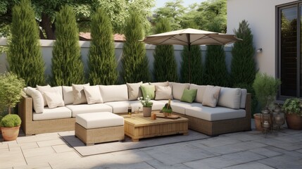 Modern outdoor patio area with a cozy sectional couch armchairs decorative cushions and verdant grass - obrazy, fototapety, plakaty
