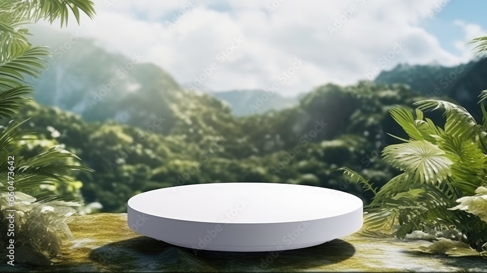 Aufkleber product presentation on tropical forest white pedestal with sky view in 3d rendering