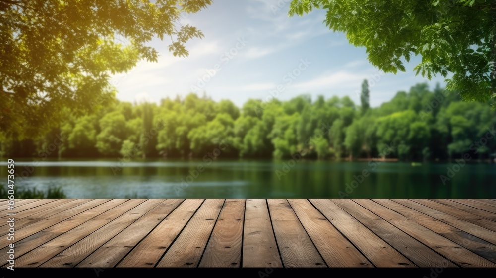 Poster Wooden table top in a green forest and lake or swamp setting representing freshness and relaxation Suitable for showcasing products or designing key visual layouts with ample space for text