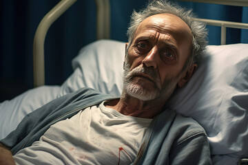 Sad serious Sick old man lying at a hospital bed - obrazy, fototapety, plakaty