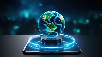 Virtual reality globe on phone screen showing interactive Earth hologram