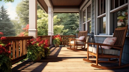 Fototapeta premium Spacious wooden porch with seating area in rear of large home