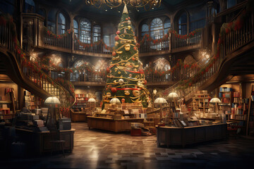 Festive Christmas Bookstore, Generative AI illustration