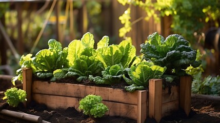 Wooden raised bed garden for vegetables and lettuce