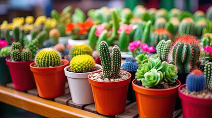 Fototapeta na wymiar Tiny cactus pots in plastic for sale at outdoor plant market