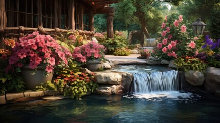 Waterfall and flowers decor in cozy garden during summer