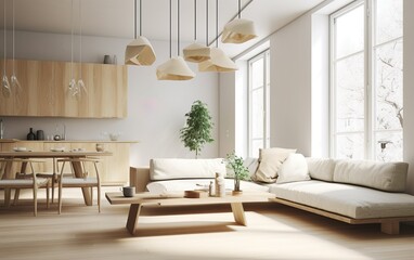 Fototapeta na wymiar Modern interior japandi style design Living room. AI, Generative AI