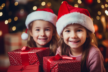 The scene of children in Christmas hats surrounded by presents and looking at the camera in a blurred background