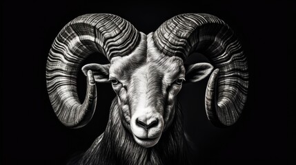 Ram Close up of wild big horned animal black and white isolated head and horns