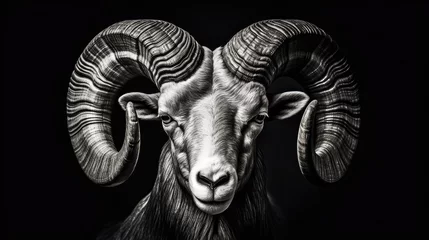 Foto op Plexiglas Ram Close up of wild big horned animal black and white isolated head and horns © vxnaghiyev