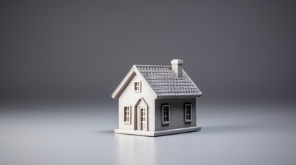 Small 3D printed house on gray background for home or real estate market