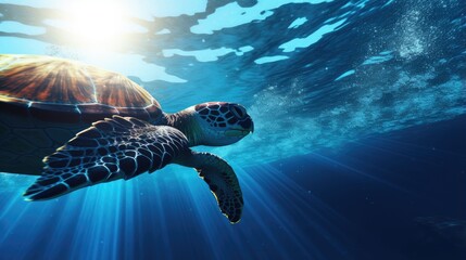 Silhouette of sea turtle gazing upwards in the sea