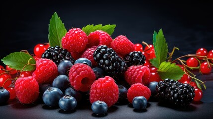 Various colorful berries closeup on dark studio background