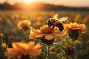 Closeup of bee collects honey on a yellow flower on a Sunny bright day. Macro horizontal photography. Nature. sunset, summer concepts - obrazy, fototapety, plakaty