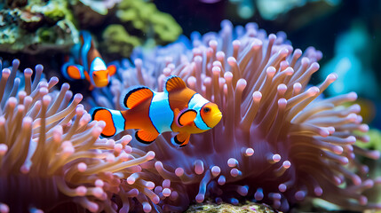 Naklejka na ściany i meble Clownfish or anemonefish nestled among the coral branches of a vibrant reef, ai generative