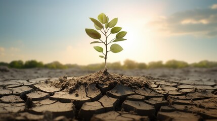 Transition from dry cracked land experiencing drought to fertile organic soil with a thriving young plant as a composite